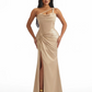 Sexy Mermaid One Shoulder Twisted Knot Side Slit Soft Satin Long Formal Dresses