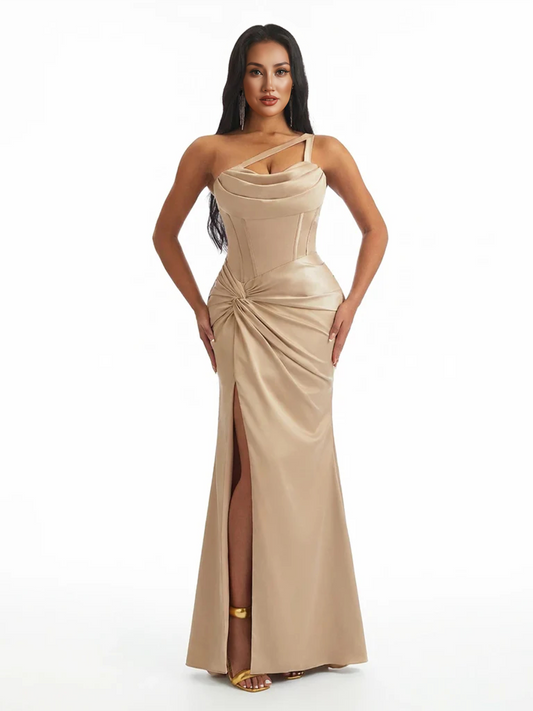 Sexy Mermaid One Shoulder Twisted Knot Side Slit Soft Satin Long Formal Dresses
