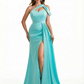 Sexy One Shoulder Mermaid Silky Satin Good Long Formal Dresses Side Slit