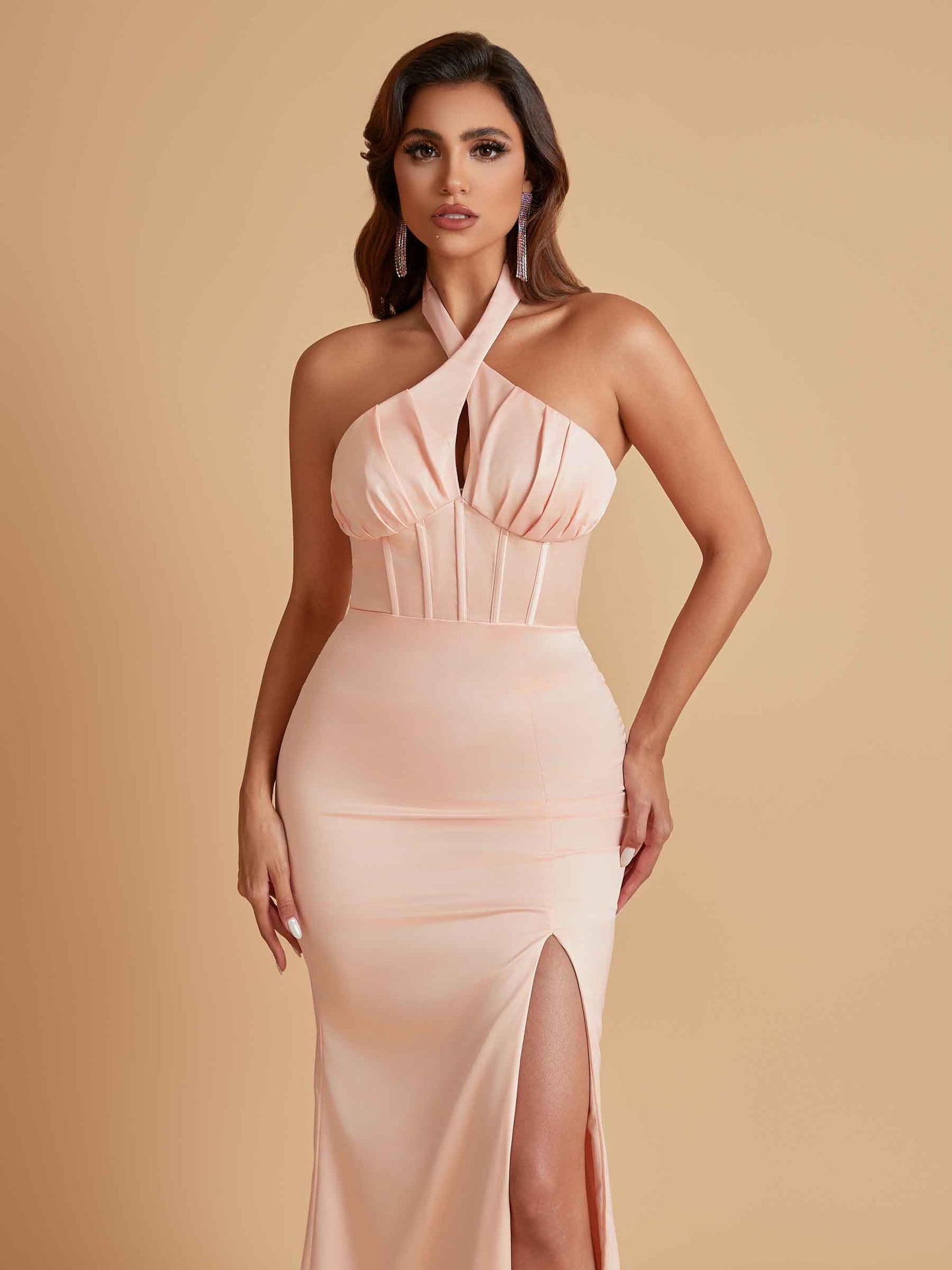 Elegant Soft Satin Mermaid Halter Side Slit Floor-Length Bridesmaid Dresses Online