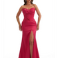 Sexy Sweetheart Strapless Mermaid Ruched Satin Long Evening Gown Dresses Side Slit