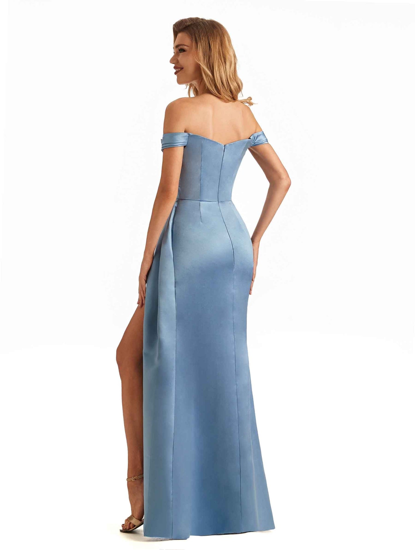 Trendy Off The Shoulder Beaded Soft Satin Mermaid Long Evening Dresses Side Slit