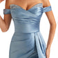 Trendy Off The Shoulder Beaded Soft Satin Mermaid Long Evening Dresses Side Slit