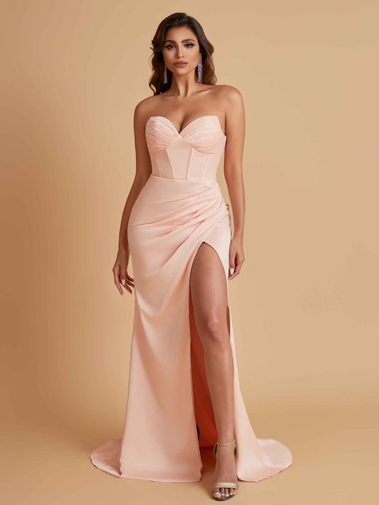 Elegant Soft Satin Mermaid V-neck Side Slit Floor-Length Bridesmaid Dresses Online