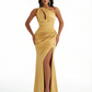 Sexy Mermaid One Shoulder Side Slit Ruched Satin Long Evening Formal Dresses