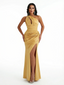 Sexy Mermaid One Shoulder Side Slit Ruched Satin Long Evening Formal Dresses