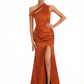 Women's One Shoulder Asymmetrical Mermaid Ruched Satin Long Formal Dresses Side Slit