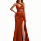 Sexy Asymmetrical V-Neck Mermaid Lace Ruched Satin Long Formal Dresses Side Slit