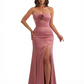 Modern Strapless Mermaid Sweetheart Ruched Satin Long Formal Dresses Side Slit