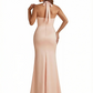 Sexy Halter Neck Side Slit Mermaid Ruched Satin Long Formal Dresses For Women