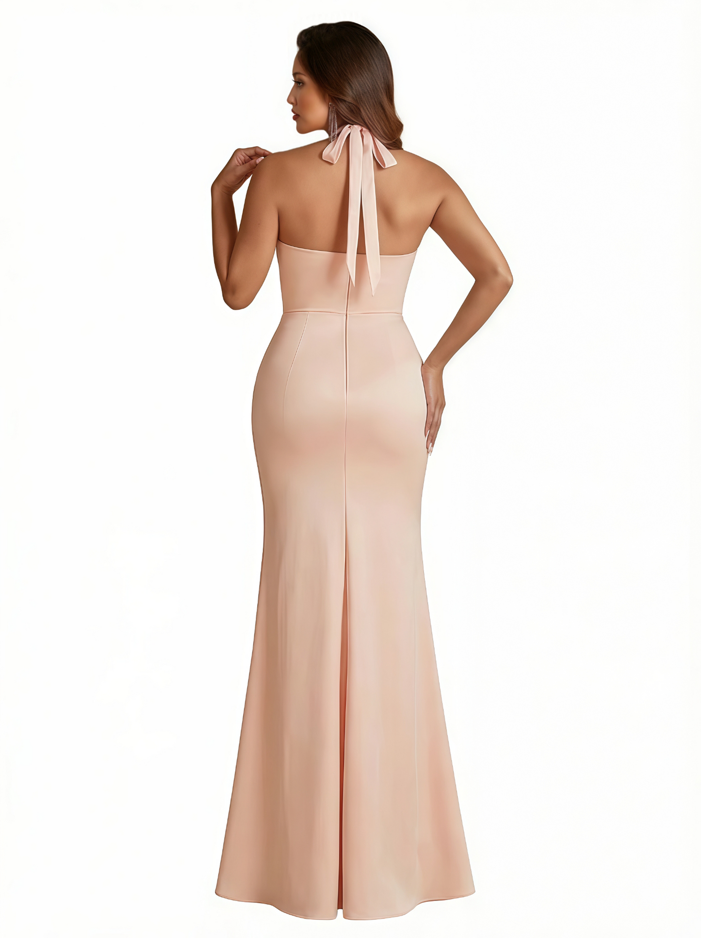 Sexy Halter Neck Side Slit Mermaid Ruched Satin Long Formal Dresses For Women