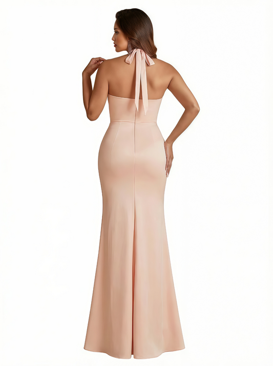 Sexy Halter Neck Side Slit Mermaid Ruched Satin Long Formal Dresses For Women