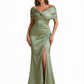 Women Elegant Off The Shoulder Ruched Satin Mermaid Long Formal Dresses Side Slit
