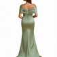 Women Elegant Off The Shoulder Ruched Satin Mermaid Long Formal Dresses Side Slit