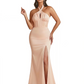 Sexy Halter Neck Side Slit Mermaid Ruched Satin Long Formal Dresses For Women