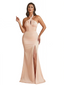 Sexy Halter Neck Side Slit Mermaid Ruched Satin Long Formal Dresses For Women
