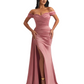 Elegant Mermaid Off The Shoulder Ruched Satin Long Ladies Evening Gowns Side Slit