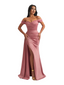 Elegant Mermaid Off The Shoulder Ruched Satin Long Ladies Evening Gowns Side Slit