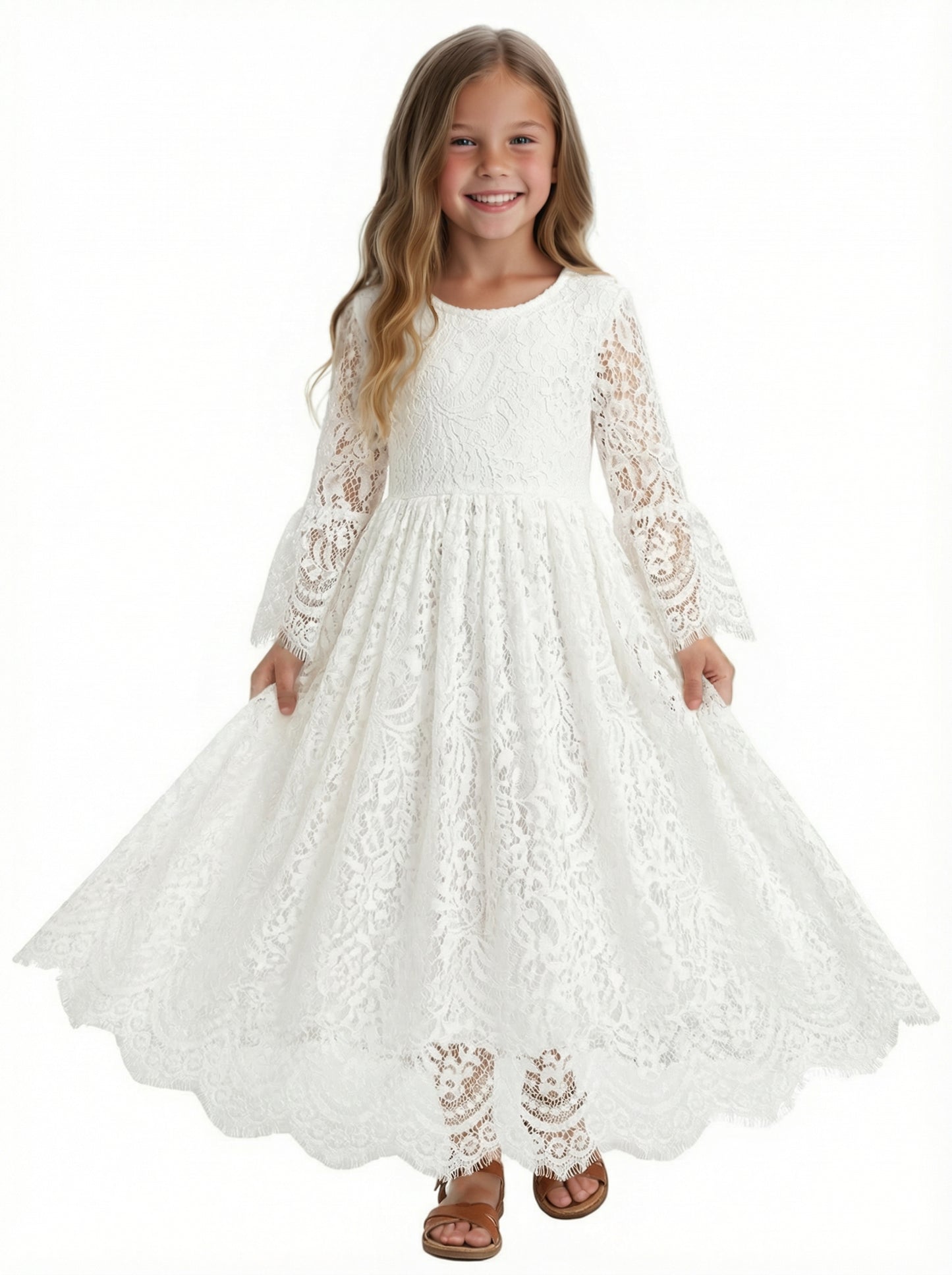 Long Sleeve Lace Flower Girl Dress Round Neck Midi Length A-Line Formal Party Dress