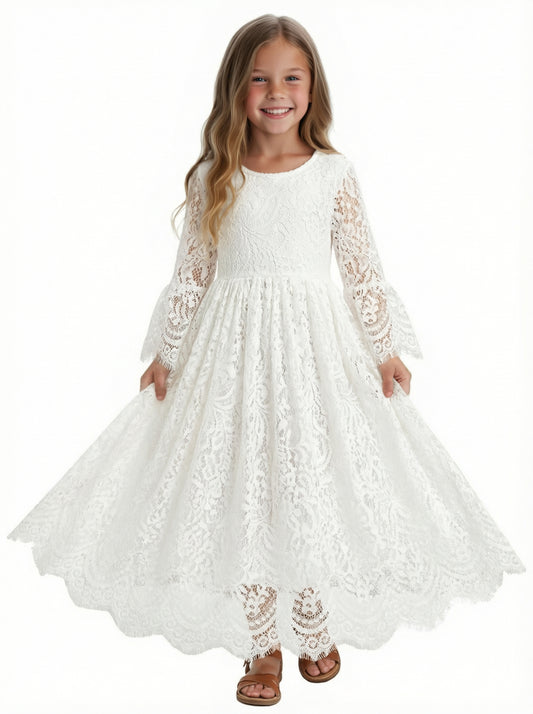 Long Sleeve Lace Flower Girl Dress Round Neck Midi Length A-Line Formal Party Dress