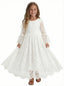 Long Sleeve Lace Flower Girl Dress Round Neck Midi Length A-Line Formal Party Dress