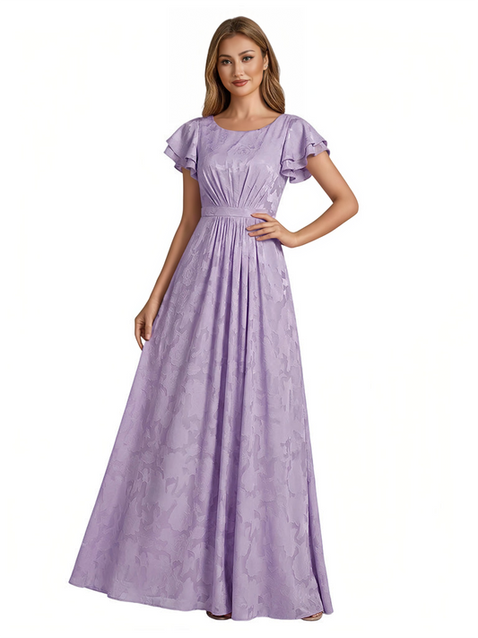Elegant Flutter Sleeves Scoop Floral Burnout Chiffon A-Line Long Formal Evening Dresses