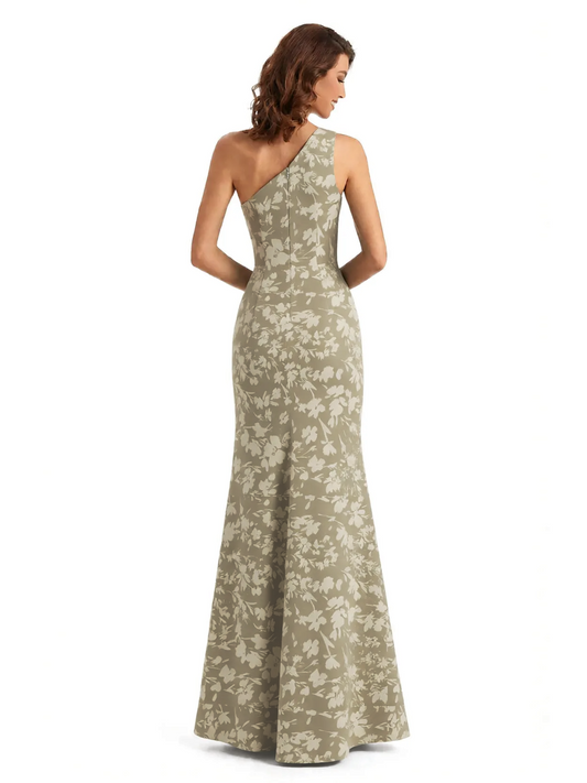 Simple One Shoulder Side Slit Mermaid Floral Satin Maxi Floral Formal Dresses For Women