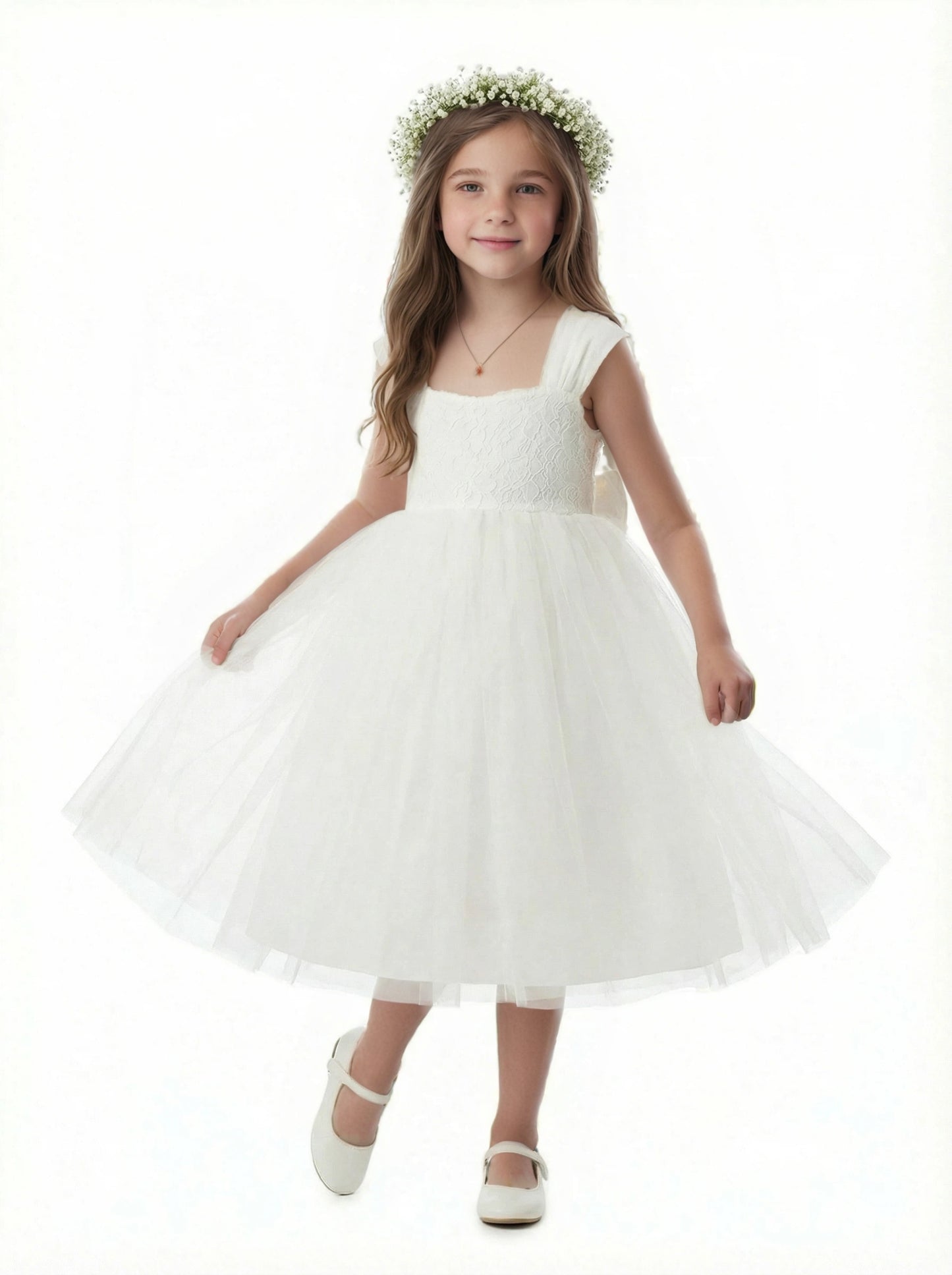 Floral Crown Style Flower Girl Dress Square Neck Tulle A-Line Knee Length Ceremony Gown