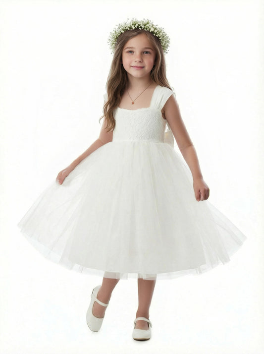 Floral Crown Style Flower Girl Dress Square Neck Tulle A-Line Knee Length Ceremony Gown