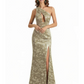 Simple One Shoulder Side Slit Mermaid Floral Satin Maxi Floral Formal Dresses For Women