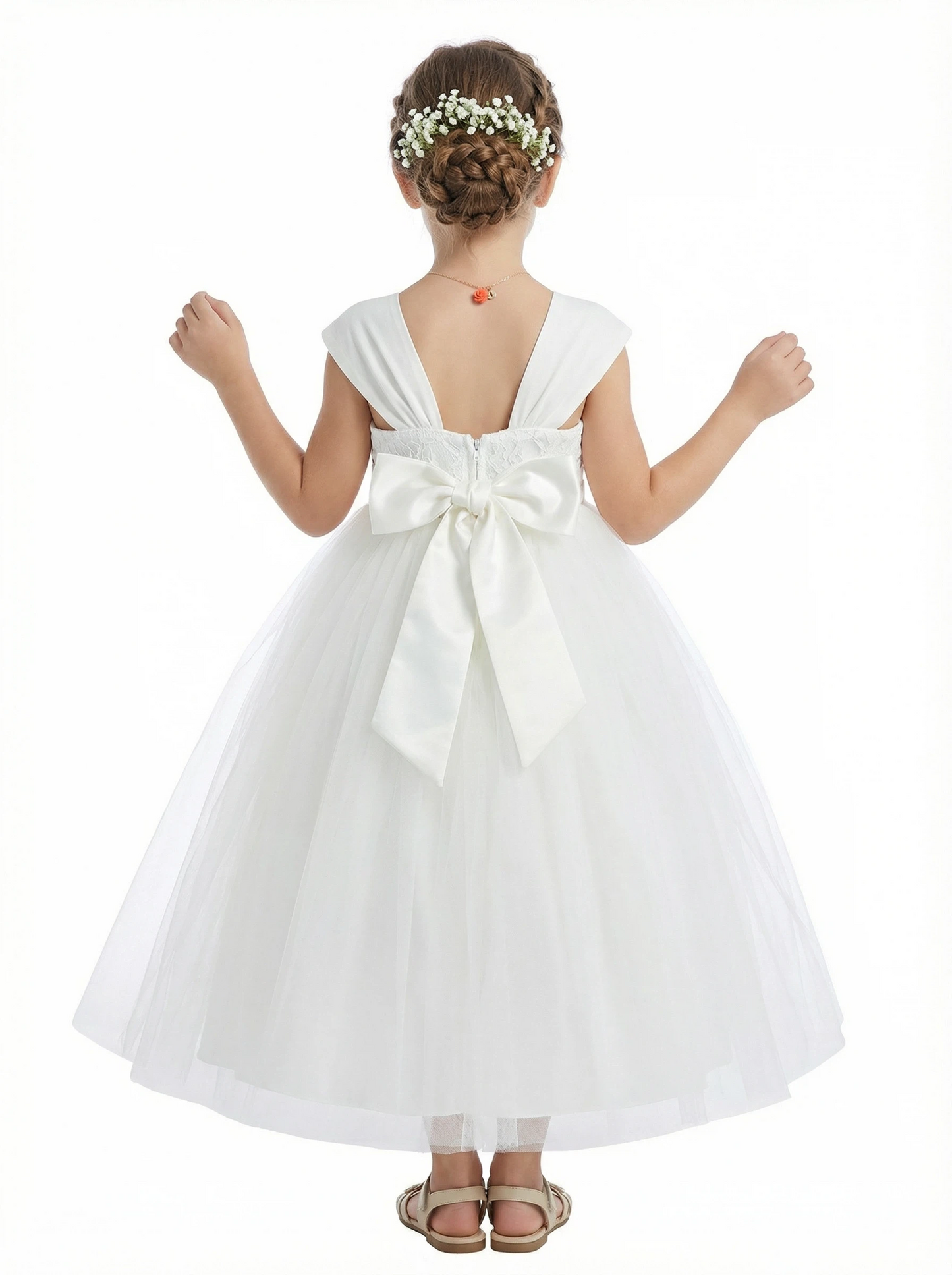 Floral Crown Style Flower Girl Dress Square Neck Tulle A-Line Knee Length Ceremony Gown