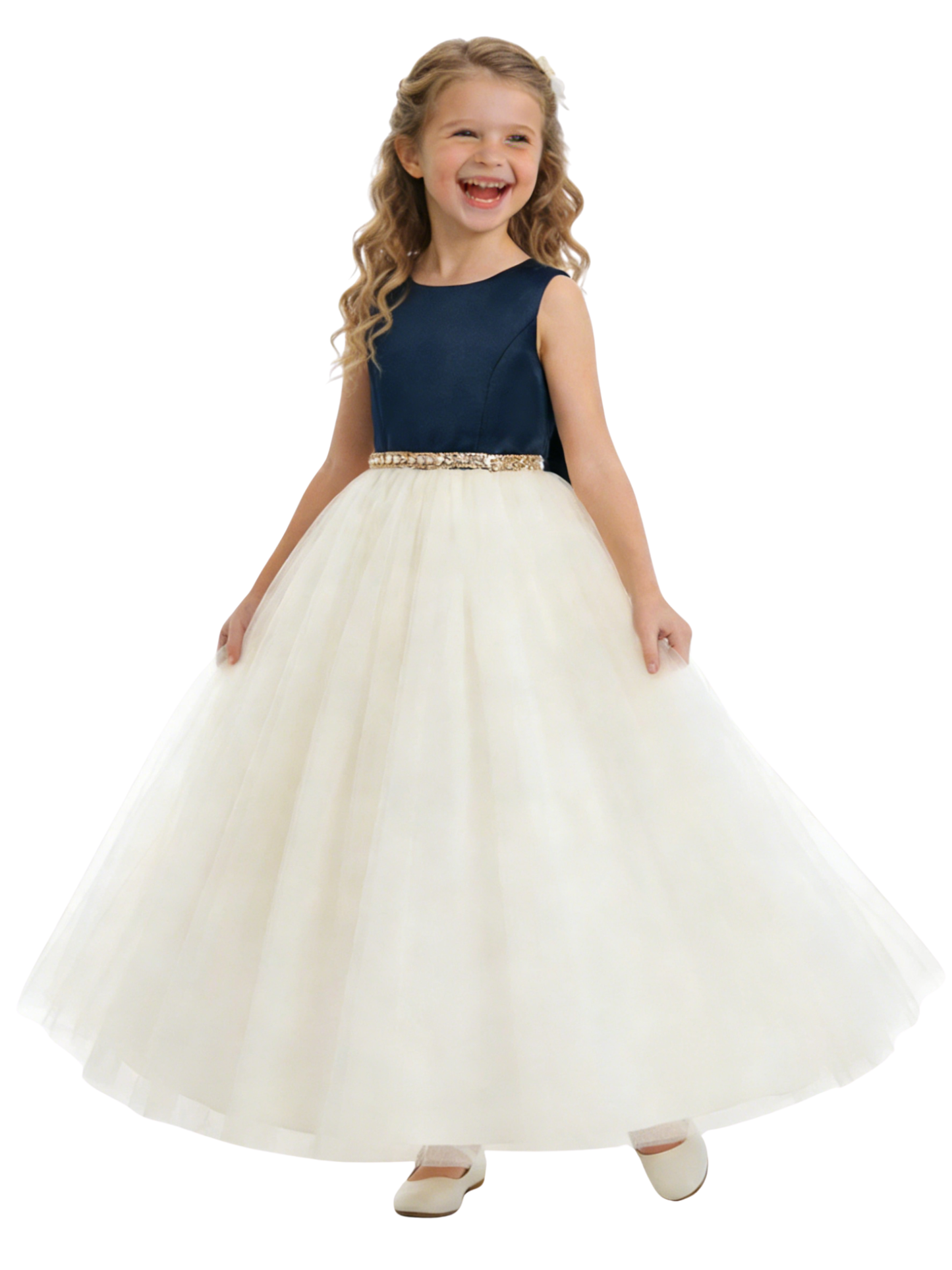 Round Neck A-Line Tulle Sleeveless Back Bow Beaded Formal Gown Flower Girl Dress