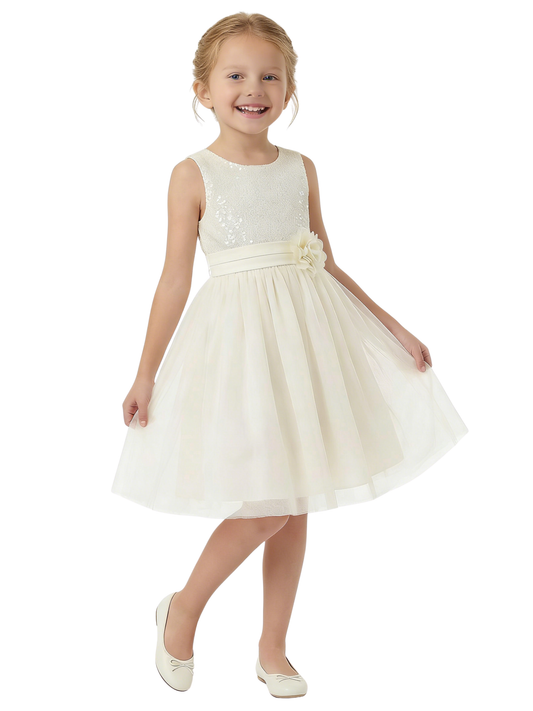 Sequin Bodice A Line Flower Girl Dress with Tulle Overlay Tea Length Party Skirt