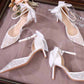 White satin high heels for women stiletto pointed toe bows hollow wedding shoes banquet sequined shoes