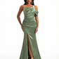 Modern One Shoulder Mermaid Ruched Satin Long Formal Dresses For Women Side Slit