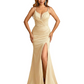Sexy V-neck Spaghetti Straps Side Slit Mermaid Soft Satin Long Formal Dresses