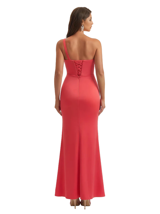 Elegant Mermaid One Shoulder Side Slit Ruched Jersey Long Formal Dresses