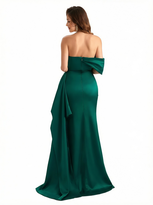 Sexy Asymmetrical One Shoulder Mermaid Soft Satin Long Formal Dresses Side Slit