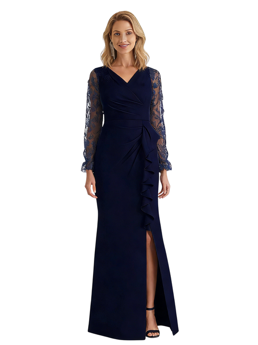 Long Sleeve Custom Mother of The Groom Dresses Wedding Evening Mother Outfits V Neck