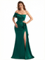 Sexy Asymmetrical One Shoulder Mermaid Soft Satin Long Formal Dresses Side Slit