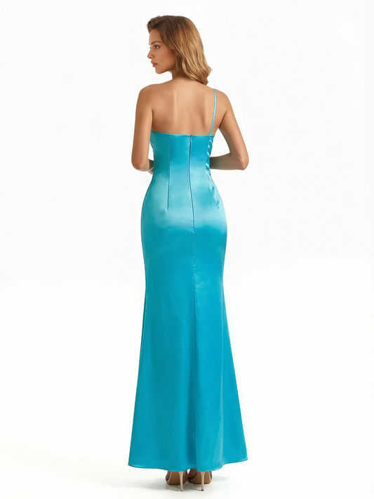 Elegant Asymmetrical One Shoulder Mermaid Soft Satin Long Formal Dresses For Women Side Slit