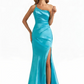 Elegant Asymmetrical One Shoulder Mermaid Soft Satin Long Formal Dresses For Women Side Slit