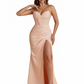 Elegant Sweetheart Strapless Mermaid Ruched Satin Long Formal Dresses Side Slit