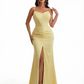 Sexy Mermaid Spaghetti Straps Front Slit Ruched Satin Long Formal Dresses