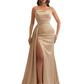Elegant Mermaid Ruched Satin Long Formal Evening Dresses Spaghetti Straps Side Slit