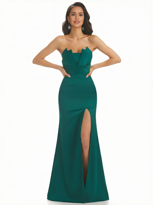 Sexy Strapless Mermaid Silky Satin Long Evening Formal Dresses Side Slit