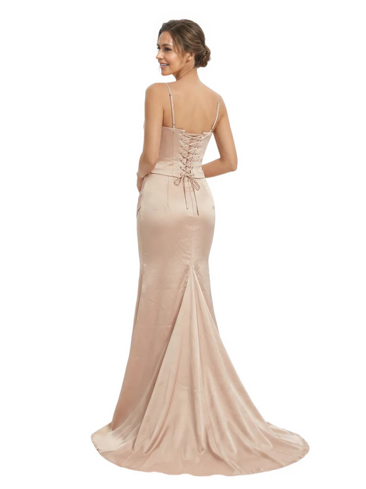 Kiarelys Spaghetti Straps Corset Satin Ruched Mermaid Long Formal Evening Dresses