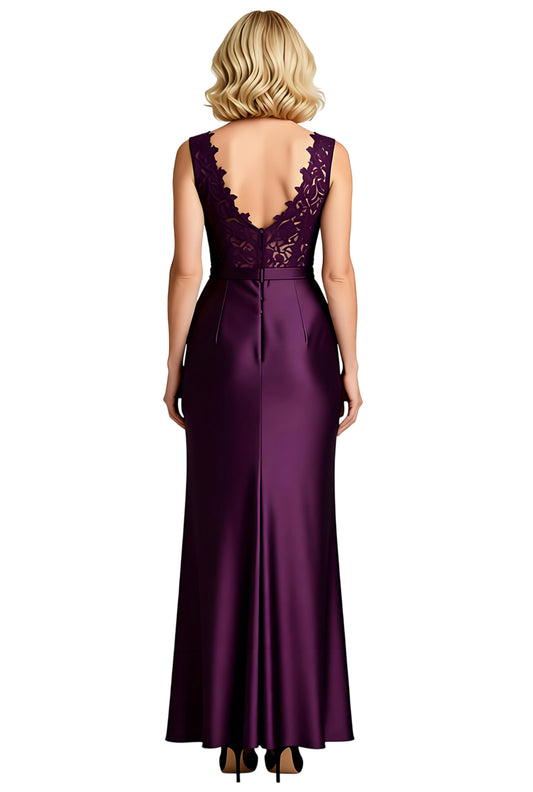 Sexy Lace Mother of the Bride Dresses Slit V-Neck Satin Formal Dresses for Weddings Sleeveless