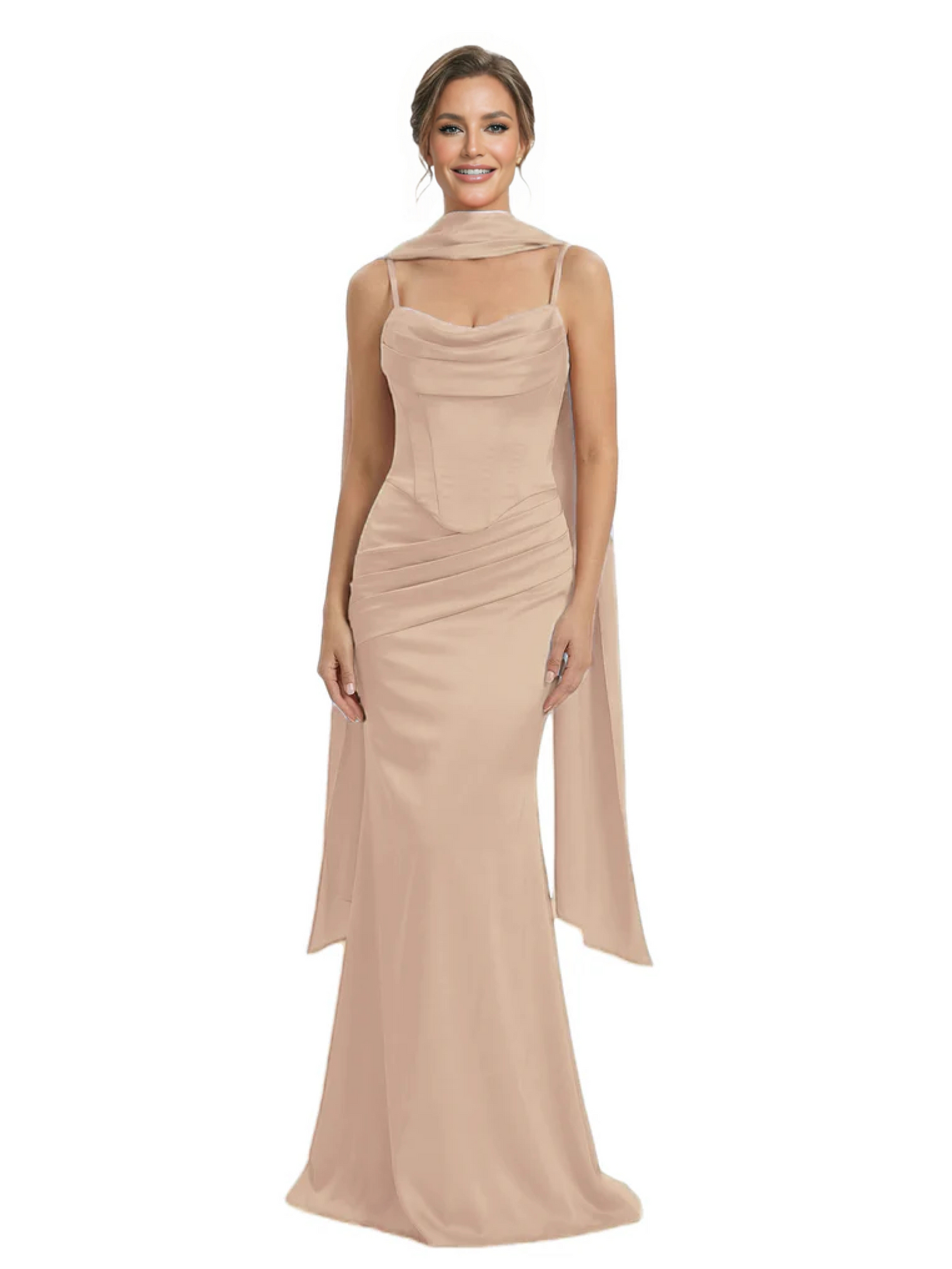 Kiarelys Spaghetti Straps Corset Satin Ruched Mermaid Long Formal Evening Dresses