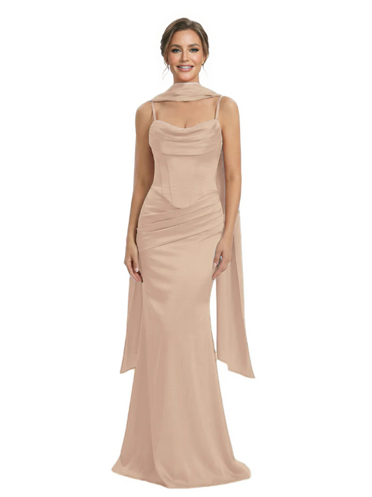 Kiarelys Spaghetti Straps Corset Satin Ruched Mermaid Long Formal Evening Dresses